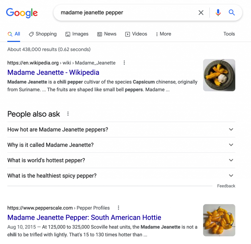 google search results for "madame jeanette pepper"